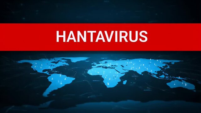 Hantavirus word displayed on a red banner over a digital blue world map background