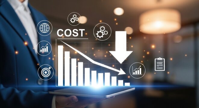 Businessman analyzing decreasing cost graph on tablet with financial icons