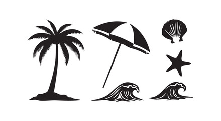 Obraz premium Summer beach collection of black vector silhouettes including palm tree umbrella seashell starfish and ocean waves.