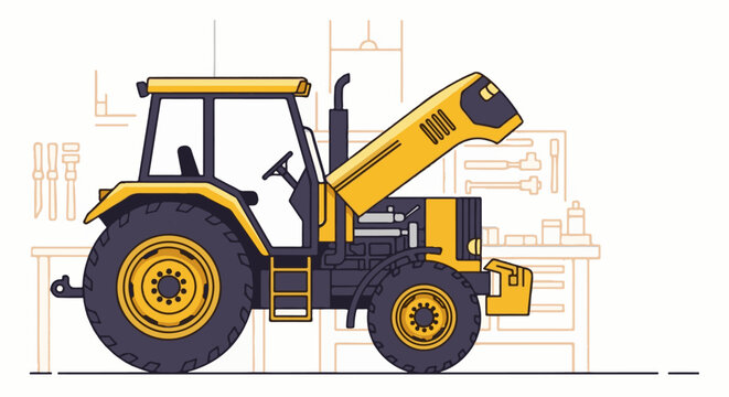 Yellow tractor with hood open, parked in a workshop with tools