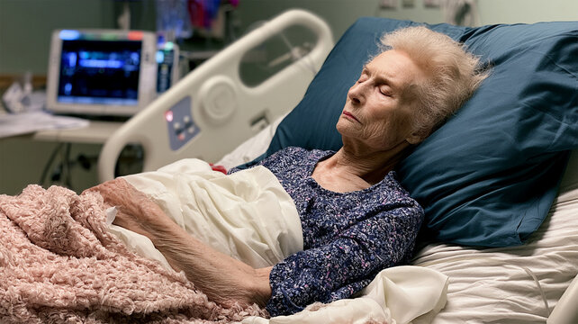 Elderly Grandmother Resting in Hospital Bed with Medical Care and Healthcare Support, Senior Woman Recovering in Modern Clinic Room, Patient Treatment, Wellness, Recovery and Compassionate 