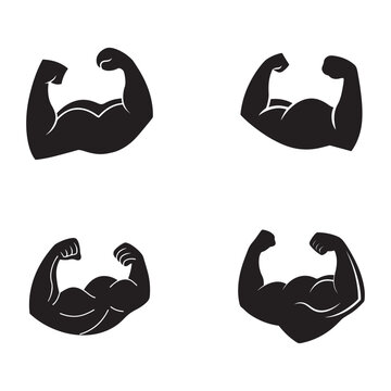Four black silhouettes of flexed biceps on white background  strong muscular arms  fitness and exercise