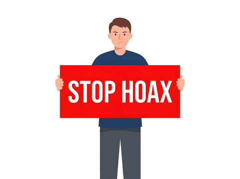 Simple flat vector character holding red warning banner saying  STOP HOAX