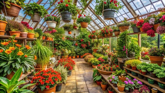 Various potted plants and flowers display in a vibrant greenhouse at a garden center