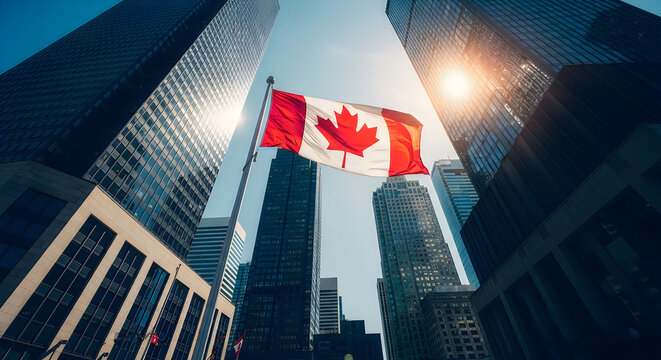 Canadian flag waving between modern skyscrapers in urban cityscape at night with dramatic lighting