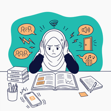 Frustrated Young Woman in Hijab Struggling to Study at a Desk, Overwhelmed by Numerous Distractions and Noise While Trying to Focus on Her Schoolwork