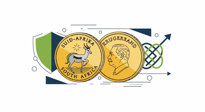 Stylized illustration of two gold coins with a springbok and a profile