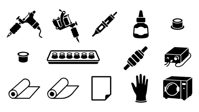 Tattoo Studio Equipment and Professional Tool Silhouette Icons Set