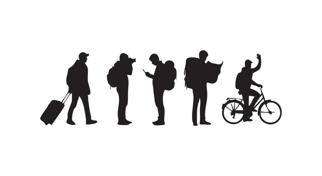 Travelers silhouette set including person with suitcase photographer cyclist and map reader on white.