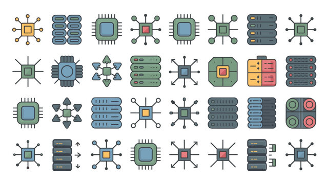 Parallel computing icon sheet &ndash; Perfect for high-performance systems documentation, server architecture diagrams, or cloud computing websites.