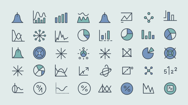 Statistics education icon sheet &ndash; Suitable for data analysis course materials, probability tutorials, or business metric dashboards.