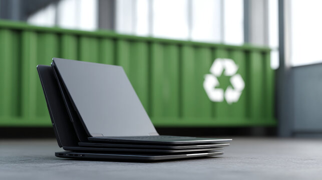 Stack of laptops near recycling container