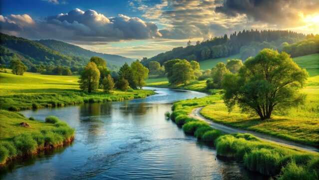 A river is shown in a green field with trees and hills in the background