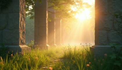 Fototapeta premium Stone pillars line path through grassy field at sunrise. Morning sun rays pierce thick mist creating light beams over green meadow. Peaceful nature scene.