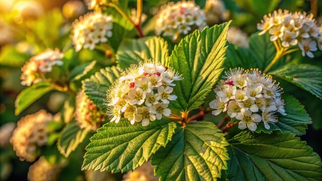 Inflorescences and leaves of common ninebark