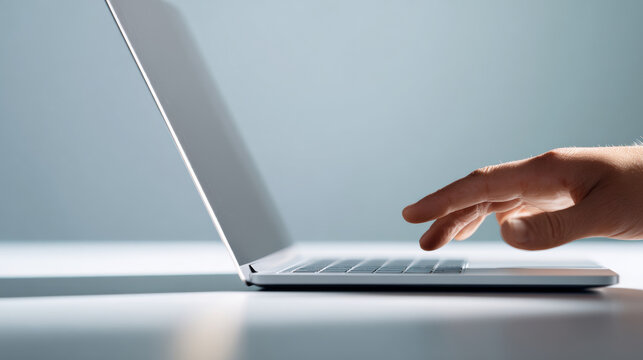 Hand reaching to open laptop computer