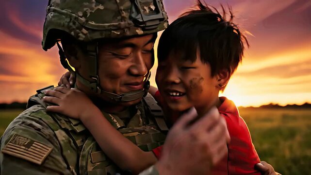 Asian soldier hugging his son in a field at sunset. Emotional homecoming reunion after military deployment. Patriotic family concept for veteran support and military appreciation.