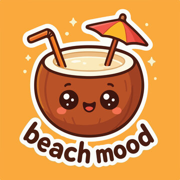 Cute coconut character with a drinking straw and small tropical umbrella featured in this fun and colorful summer themed illustration