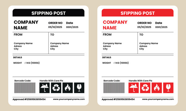 shipping post label with company information and barcode red and white design