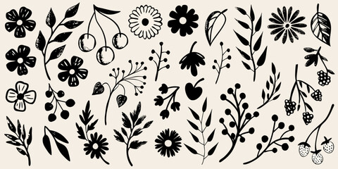 hand drawn black and white floral collection with leaves and berries on a beige background © Ella