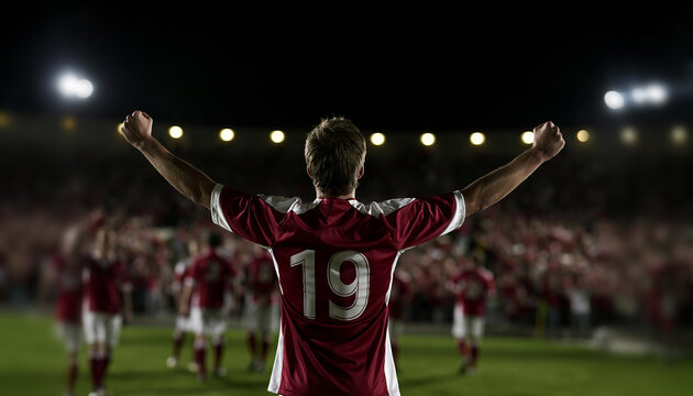 Celebrating Soccer Player Cheering on Football Field After Goal Victory, Emotional Athlete Raising Arms in Stadium, Professional Football Match Celebration, Sports Success and Championship Moment