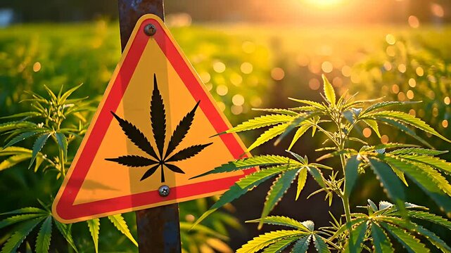 Warning sign with cannabis leaf symbol in a marijuana plantation. Growing hemp crop at sunset with golden light and soft bokeh. Legalization and regulation concept for medical industry marketing.