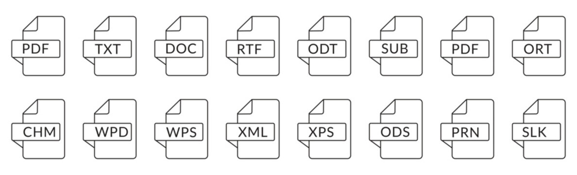file icons set various document types depicted as flat vector graphics on a white background
