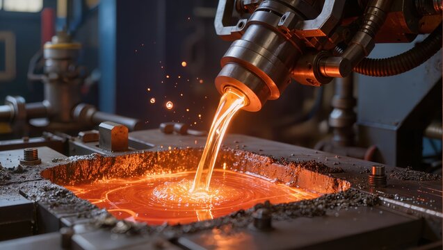 An automated robotic arm pouring liquid molten metal into a mold with sparks at a heavy metallurgy factory line. Concept of industrial manufacturing and steel foundry automation