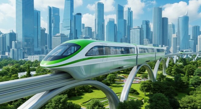 Green and white monorail train travels through cityscape with modern skyscrapers and park