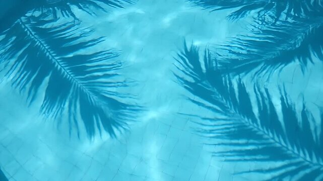 Dark palm leaf shadows cast on the bright blue rippling water of a swimming pool now