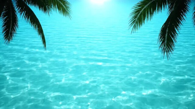 Bright palm leaves frame a sparkling turquoise ocean under a radiant summer sun sky
