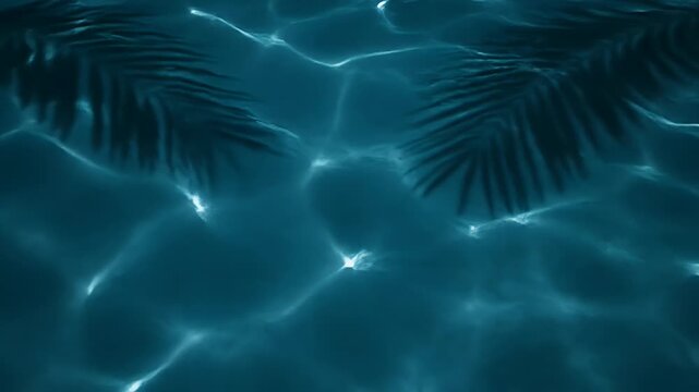 Dark blue swimming pool water surface with palm leaf shadows and bright light caustic