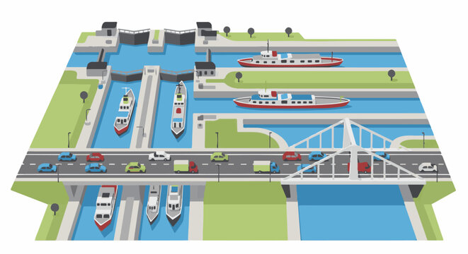 An isometric view of a canal system with boats and a bridge with cars