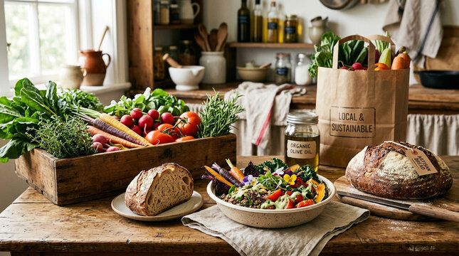 Fresh organic vegetables and bread on rustic kitchen table with salad bowl and local sustainable bag