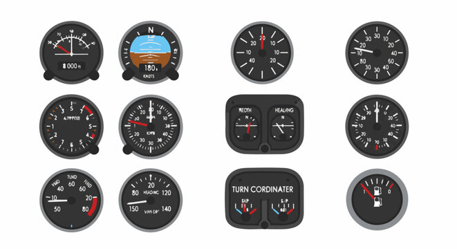 Collection of various aviation instruments and gauges with analog displays