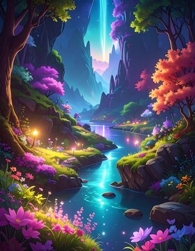 Fantasy landscape with glowing river flowers.