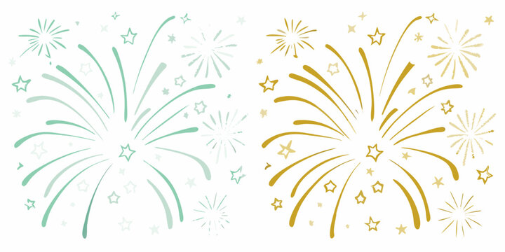 watercolor firework bursts in teal and gold with scattered stars on a white background