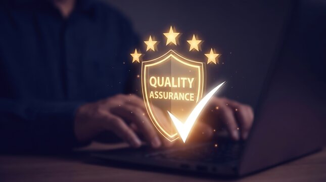 Quality Assurance and Certification Concept: Glowing Golden Holographic Approval Badge with Five Stars and Check Mark