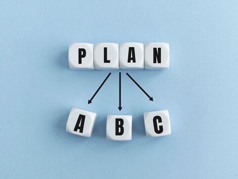 The word plan breaking into three distinct options a, b, and c