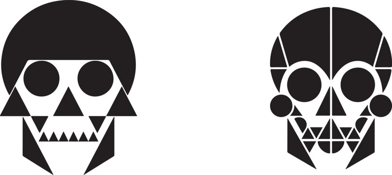 Two geometric skull composed of black shapes on white background