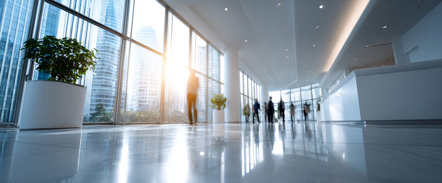 Modern lobby with large glass overlooking city skyscrapers and blurred business people walking inside bright spacious interior