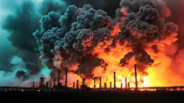 Massive explosion and fire at an industrial refinery site. Thick billows of smoke rise from factory silhouettes during a major accident. Industrial disaster concept for news, safety, and risk.