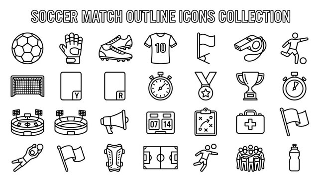Soccer match icons collection outline style.