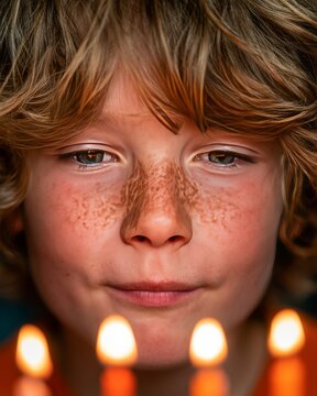 Freckled child watching birthday candles