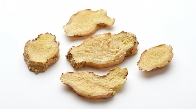 Fresh organic ginger root slices arranged on a surface for this bright and clean professional food photography product image shot