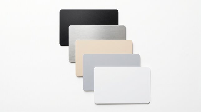 Five rectangular cards with rounded corners featuring different surface finishes are arranged in a cascading stack for this professional photograph