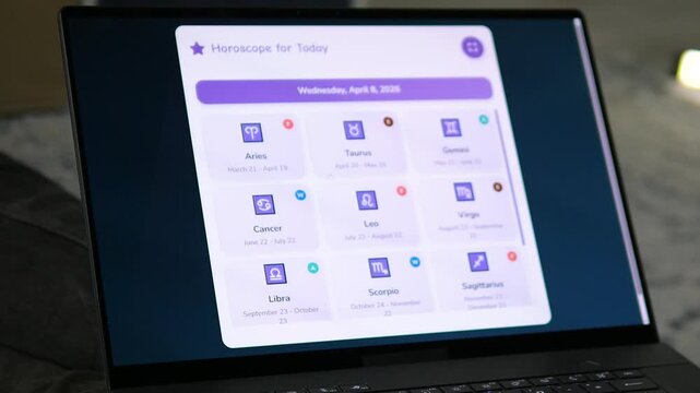 Sleek modern laptop showing a daily horoscope app interface. Professional UI, UX with all 12 zodiac signs from Aries to Pisces. Perfect for digital wellness, tech reviews, and astrology marketing