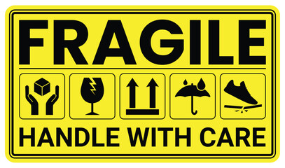 Fragile Packages icon set, Logistics and Shipping Delivery Labels. Fragile Package Concept. Ensure Safe Handling. Fragile, Do not step, handle with care, this way up icons. Vector illustration © Ibrahim Creative420