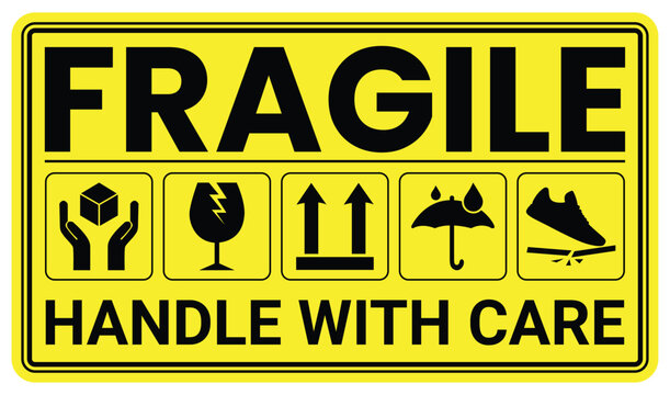 Fragile Packages icon set, Logistics and Shipping Delivery Labels. Fragile Package Concept. Ensure Safe Handling. Fragile, Do not step, handle with care, this way up icons. Vector illustration