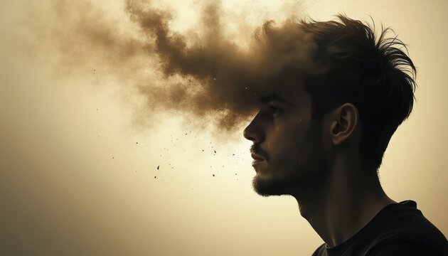 Man with dust cloud exploding from his head. Represents overthinking, stress or creative ideas bursting out. Mental overload or inspiration concept.